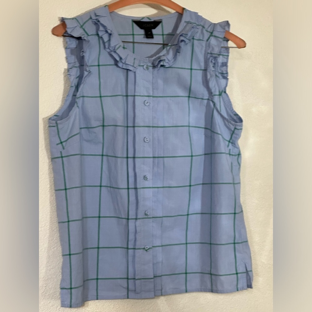 J.Crew Blouse Women Cotton Blue/green Windowpane Sleeveless Ruffled Button Sz 4P